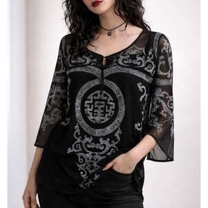 Chico's Velvet Burnout Sheer‎ Mesh Top Black Silver Size 0 Small